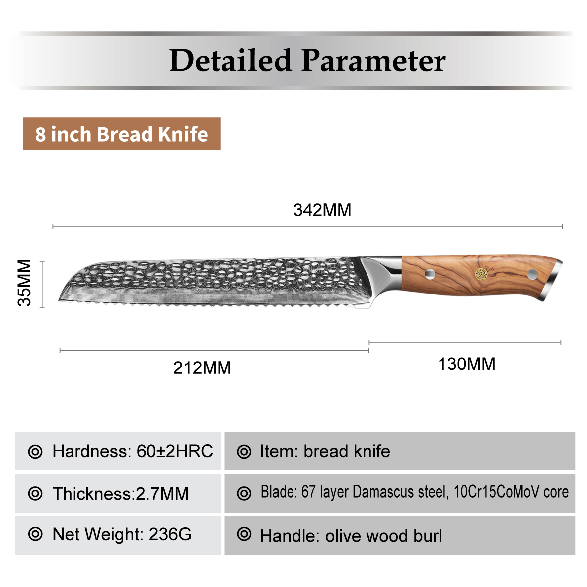 Cuțit de bucătărie damasc ZA-37478 - Bread / Maro