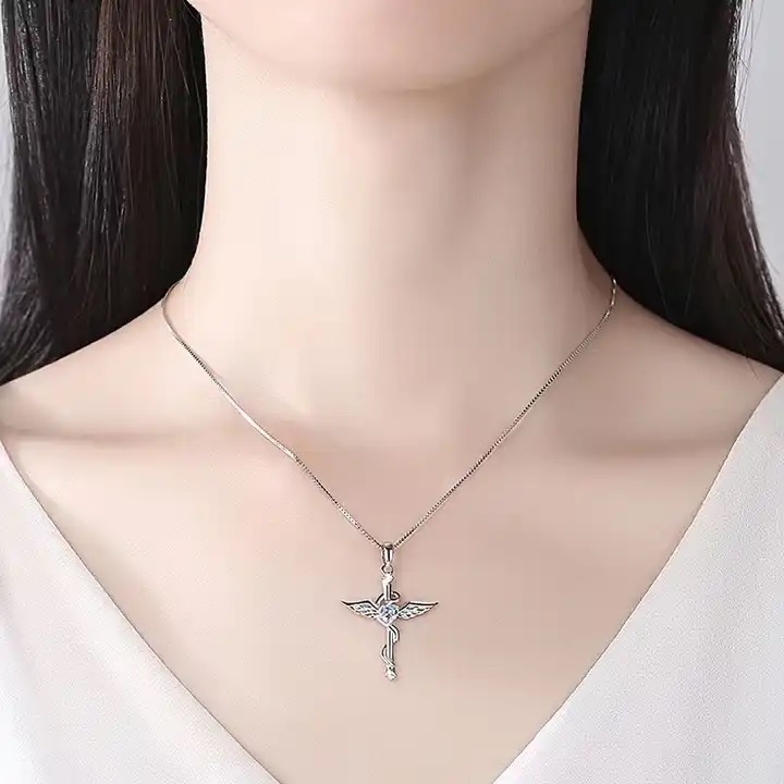 Colier Wing Cross - Argintiu / Albastru